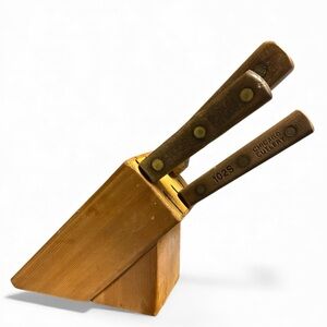 Chicago Cutlery Vintage Knife Block W/ 3 Knives Kitchen Cutting Meat VTG Wood